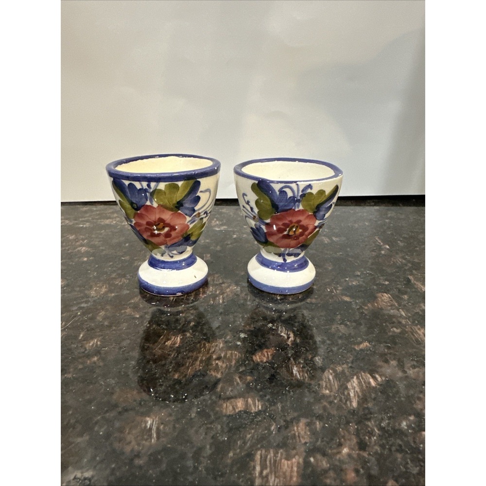 Vintage Handpainted Ceramic Egg Cups Pair Floral Multicolor Handmade Retro Decor